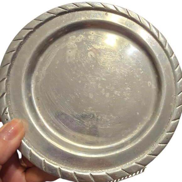 Vintage Mexican Pewter Bread Serving Tray & Round Plate Rope Detail Tile Handles - Picture 5 of 9